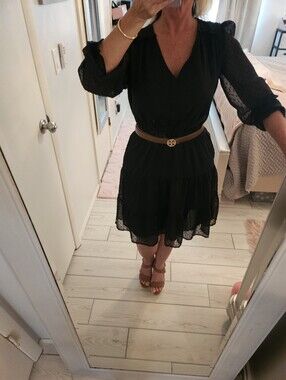 LOFT Black V-Neck Tiered Dress with Sheer Dotted Sleeves